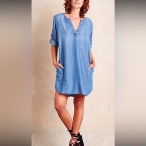 Anthropologie XS Cloth Stone Elena Chambray Denim Tencel Mini Tunic Shirt Dress